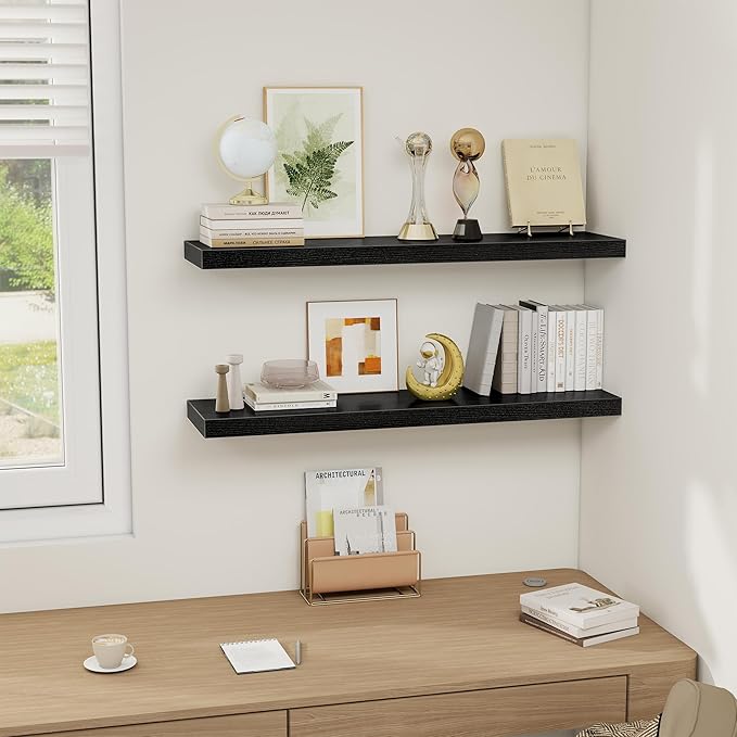 Fun Memories Black Floating Shelves 36 Inch Long, Rustic Farmhouse Bathroom Shelves Over Toliet, 36 x 8 Inch Floating Shelves for Wall, Deep Wall Shelf for Living Room, Kitchen, Bedroom, Set of 2-Ruum Studio Home