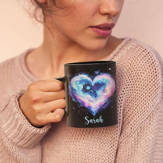 Personalized Love Heart Ceramic Mug, Custom Name Black Cup 11oz Or 15oz, Customized Celestial Themed Coffee Mug, Valentine's Day Themed Keepsake Cup, Gift For Him Her, Heart Mug-Ruum Studio Home