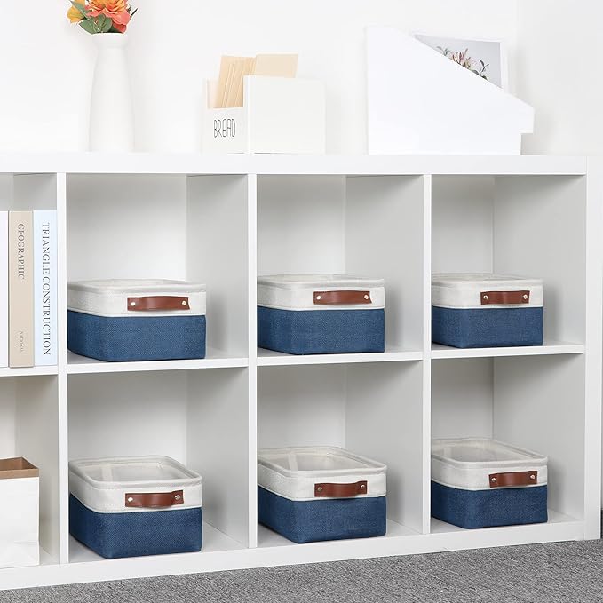DULLEMELO Set of 6 Small Baskets for Organizing, Small Fabric Storage Bins for Toys Storage, Collapsible Storage Bins with Leather Handles for Shelves, Closets, Laundry, Nursery(White&Blue)-Ruum Studio Home