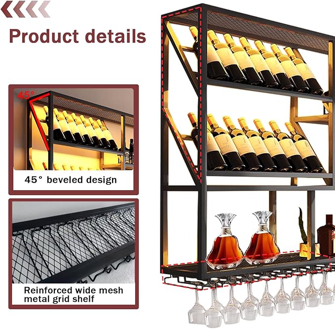 51Inch Wall Mounted Wine Rack, 3 Tiers Large Bar Shelves with 12 Glass Holder, Metal Wine Bottle Display Shelf, Modern Iron Liquor Shelf, for Kitchen Dining, Home Bar, Cellar (51.1" W)-Ruum Studio Home