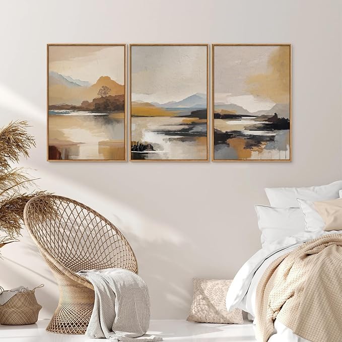 Tinonedraw Beige Mountain Landscape Framed Canvas Wall Art, Abstract Mid Century Modern Wall Decor, Golden Hour Lake Artwork, Neutral Nature Scenery Art Printing for Living Room Bedroom Office 16"x24"x3-Ruum Studio Home