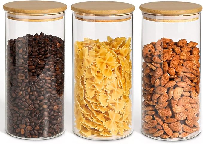 ComSaf Airtight Glass Storage Canister with Wood Lid(1.5 Qt), Set of 3 Glass Jars with Lids, Clear Food Storage Container Jar with Sealing Lids for Dry Food Cereal Oat Sugar Tea Coffee Beans, Round-Ruum Studio Home