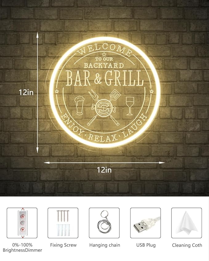 Bar & Grill Neon Sign for Home Bar Wall Art Decor, Dimmable LED Neon Lights Bar and Grill Signs for Backyard Patio Garden Yard BBQ Birthday Party, Grilling Light Up Sign for Housewarming Gifts-Ruum Studio Home