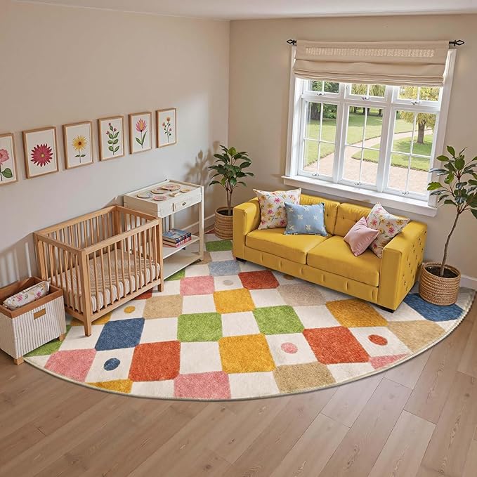 jinchan Kids Rug for Classroom 7ft Radius Corner Washable Area Rug Modern Colorful Quarter Circle Rug Soft Non-Slip Carpet for Nursery Playroom Daycare Reading Nook Living Room Circus on Cream-Ruum Studio Home