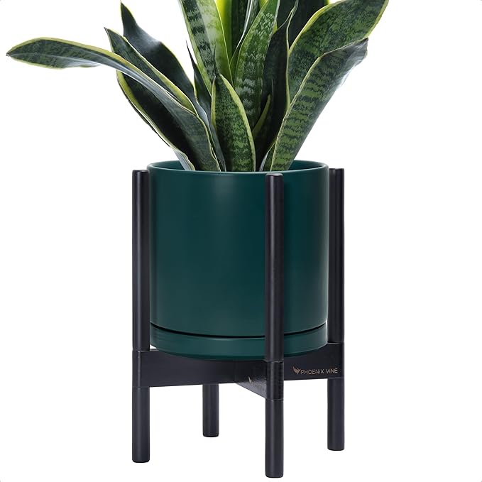 D'vine Dev Ceramic Planter with Ebony Stand - 10 Inch Modern Round Flower Pot with Wood Planter Holder, Teal, 55-B-L-4-Ruum Studio Home