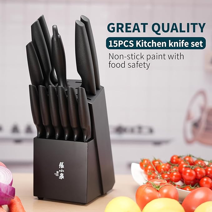 Zhang Xiao Quan Since 1628 15-Piece Kitchen Knife Block Set with Sharpening Steel Knive Set Ergonomic Handle Dishwasher Safe(Black)-Ruum Studio Home