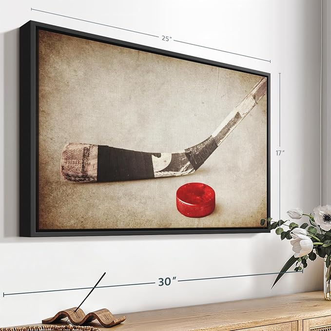Elephant Stock Vintage Ice Hockey Wall Art - Horizontal Framed Canvas - 1-Piece Hallway Wall Decor - Photography Sports Canvas Print - Brown and Beige Decor for Wall - 25" X 17"-Ruum Studio Home