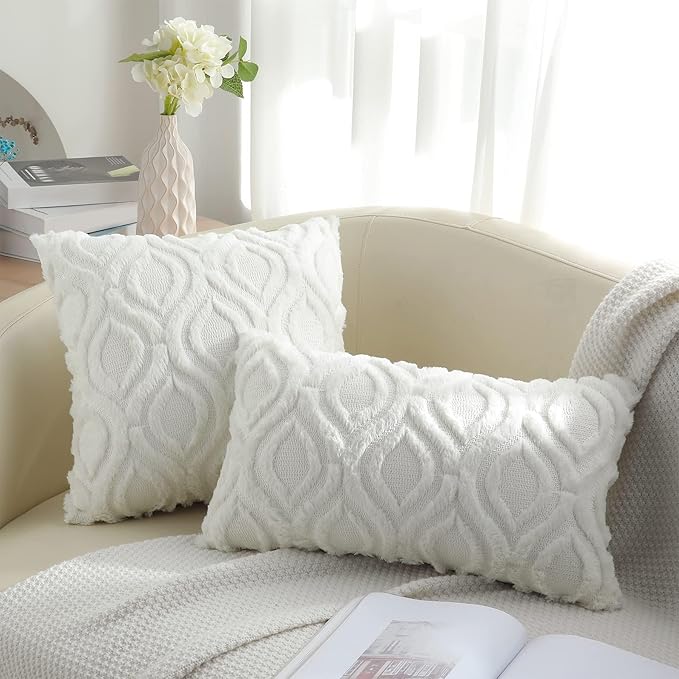 decorUhome Throw Pillow Covers 24x24 Inch Set of 2, Soft Plush Decorative Faux Fur Cream Beige Solid Couch Pillow Covers, Accent Farmhouse Neutral Square Euro Pillow Cases for Sofa Bed Living Room-Ruum Studio Home