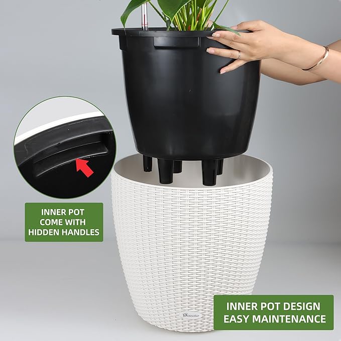 Dexceder 18x17 Inches Rattan Self Watering Planter Indoor Outdoor, Inner Pot Design, Thickened Table Flower Plant Pot with Water Level Indicator (Ivory White)-Ruum Studio Home