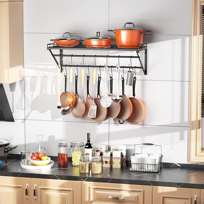 OROPY 31 Inch Wall Mounted Pot Rack Storage Shelf with 2 Tier Hanging Rails 14 S Hooks included, Ideal for Pans, Utensils, Cookware - Black-Ruum Studio Home