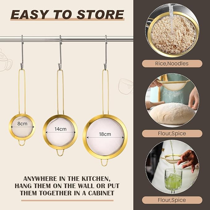 Norme 7 Quart Stainless Steel Gold Colander and 3 Pcs Gold Fine Mesh Strainer, Stainless Steel Pasta Rice Food Metal Strainer with Handles, Easy Clean and Dishwasher Safe-Ruum Studio Home
