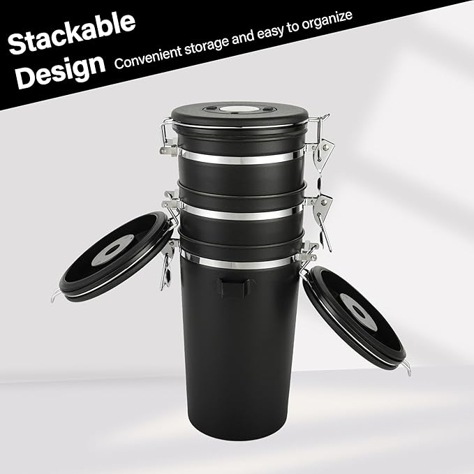 malmo Coffee Canister Set of 3, Airtight Coffee Container with Date Tracker Lid, Stainless Steel Canister for Kitchen Food Storage (Black, 180oz)-Ruum Studio Home