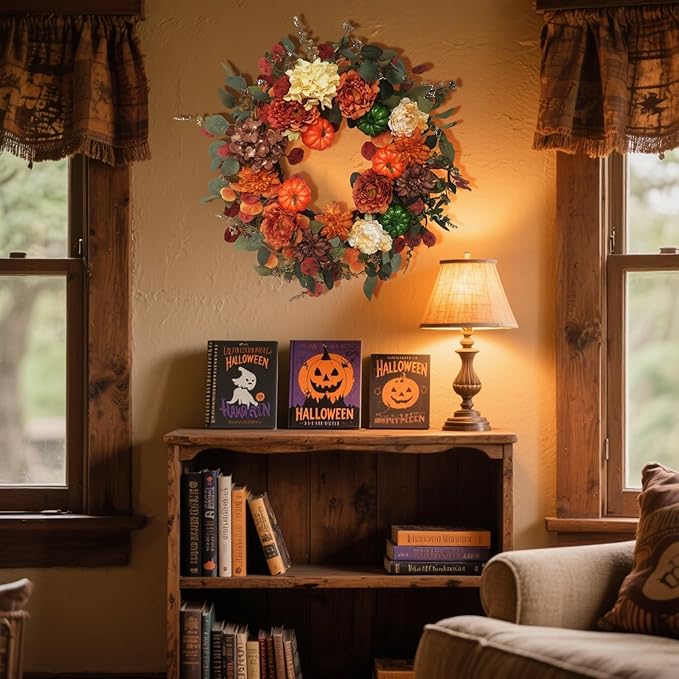 Fall Wreaths for Front Door 24 Inch with Realistic Pumpkin Hydrangea Peony Dahlia Flower, Thanksgiving Harvest Autumn Wreath for Indoor Outdoor Decor, Rustic Farmhouse Seasonal Decoration-Ruum Studio Home
