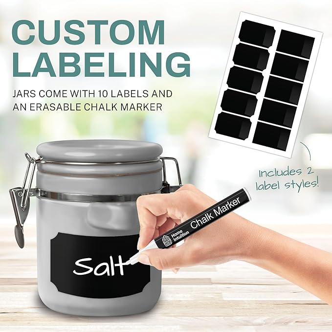 Home Intuition 4-Piece Ceramic Kitchen Canisters Set, Airtight Containers with Wooden Spoons Reusable Chalk Labels and Marker for Sugar, Coffee, Flour, Tea (Grey)-Ruum Studio Home