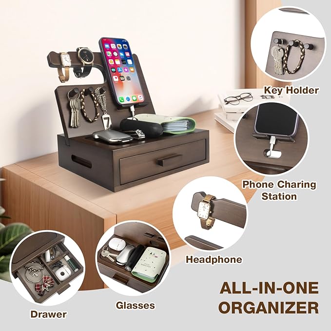 Solid Wood Nightstand Organizer, Docking Station, Gifts for Men, Made of Cedar, Versatile Bedside Table Organizer for Cellphone, Watch, Headphone, Keys, Dark Walnut-Ruum Studio Home