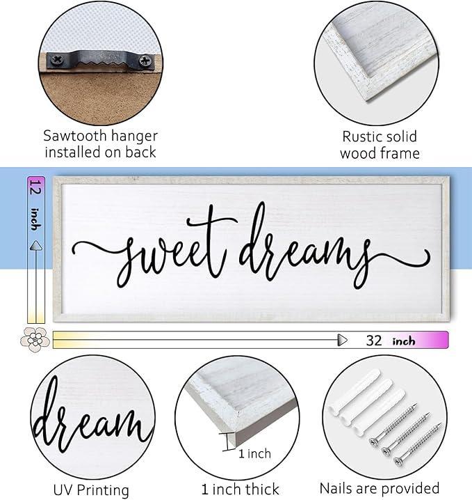 Sweet Dreams Over Bed Wall Decor 32"×12" for Master Bedroom Above Bed Wood Framed Wall Art Sign (White)-Ruum Studio Home