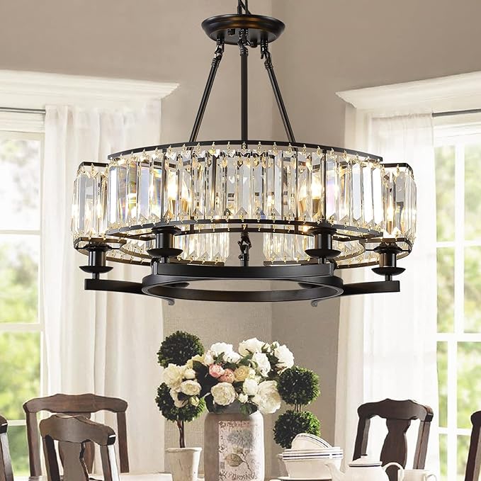Vintage Crystal Chandelier Black 6 Lights Hanging Ceiling Light Fixture Iron Frame Pendant Lighting for Farmhouse Decoration Dining Table Living Room-Ruum Studio Home
