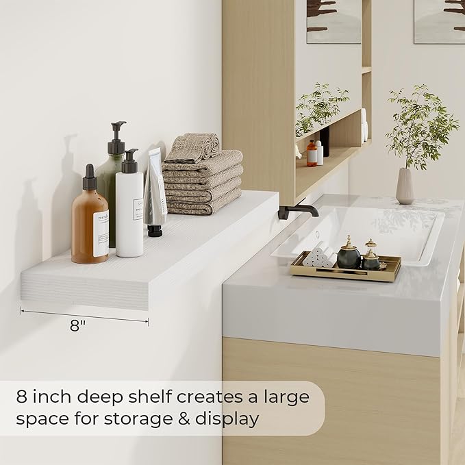 36 inch Floating Shelves Wall Shelves for Office with Invisible Brackets, 8 inch Deep Shelves for Bathroom, Living Room, Kitchen, Office, 36x7.9 inch deep Set of 2, White-Ruum Studio Home