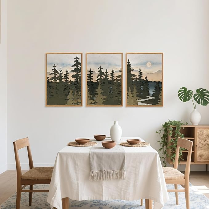 HPNIUB Vintage Mountain Framed Canvas Wall Art Set, Boho Sunrise Art Prints, Forest Nature Wilderness Art Paintings, Abstract Farmhouse Pine Tree Wall Decor for Living Room Bedroom, Office- 16"x24"x3-Ruum Studio Home