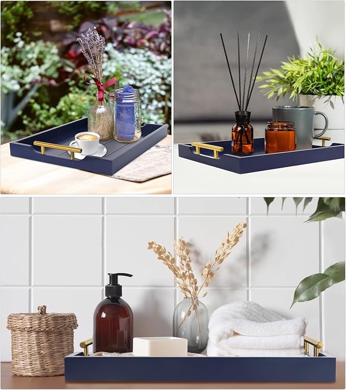 Coffee Table Tray - Large Ottoman Tray for Living Room - Wood Serving Tray with Handles(2 Sets) - Wooden Trays for Coffee Tables, 4 Round Coasters Included, Deep Blue-Ruum Studio Home