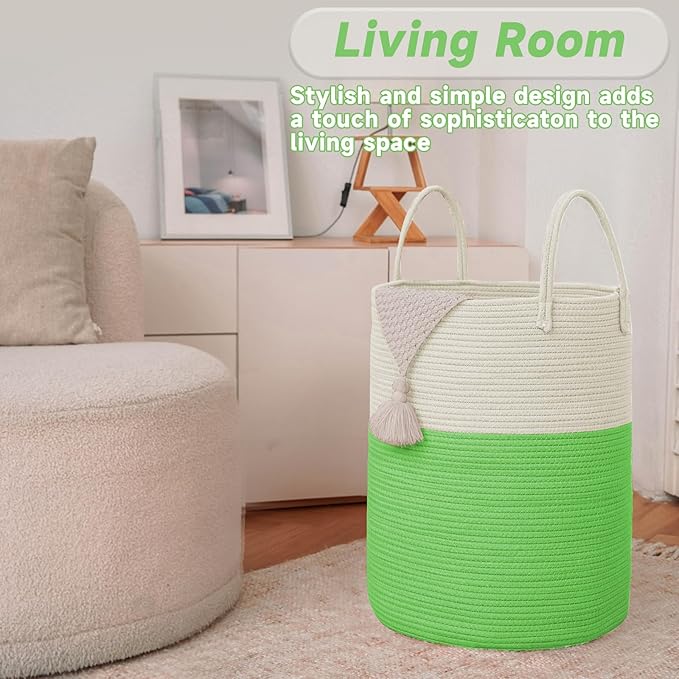 Large Woven Laundry Basket Hamper,80L Cotton Rope Storage Bin for Blankets,Toys and Clothes,Decorative Tall Nursery Hamper for Living Room,Baby Nursery,Bathroom and Bedroom,Light Green-Ruum Studio Home