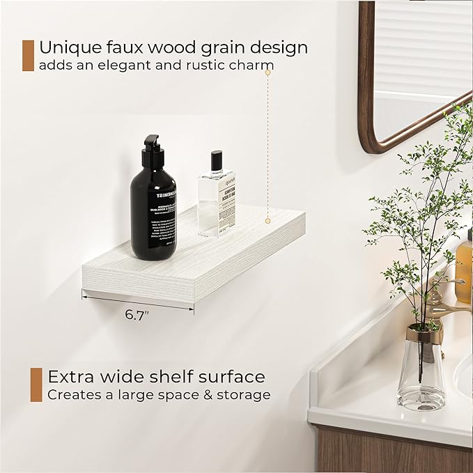 Fun Memories Floating Shelves - 16 Inch Rustic White Wall Shelf - Wall Mounted Shelves for Wall Decor Storage - Wooden Shelves with Invisible Brackets for Living Room, Bedroom, Kitchen, 2 Pack-Ruum Studio Home