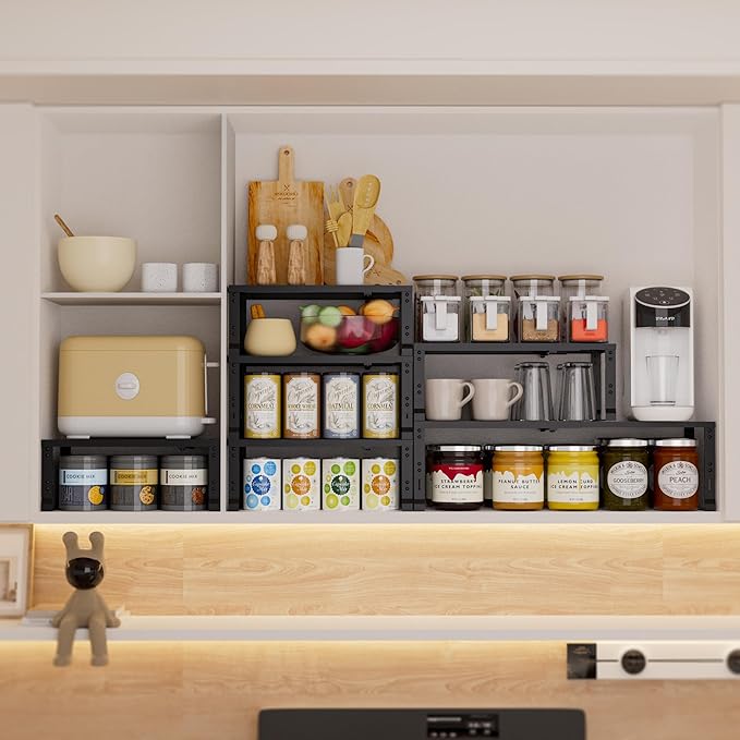 Expandable Spice Rack,Stackable Storage for Cabinet, Multi-Functional Kitchen Shelving,Height-Adjustable,Sustainable Organizer Solution(2Packs/Black/Large)-Ruum Studio Home
