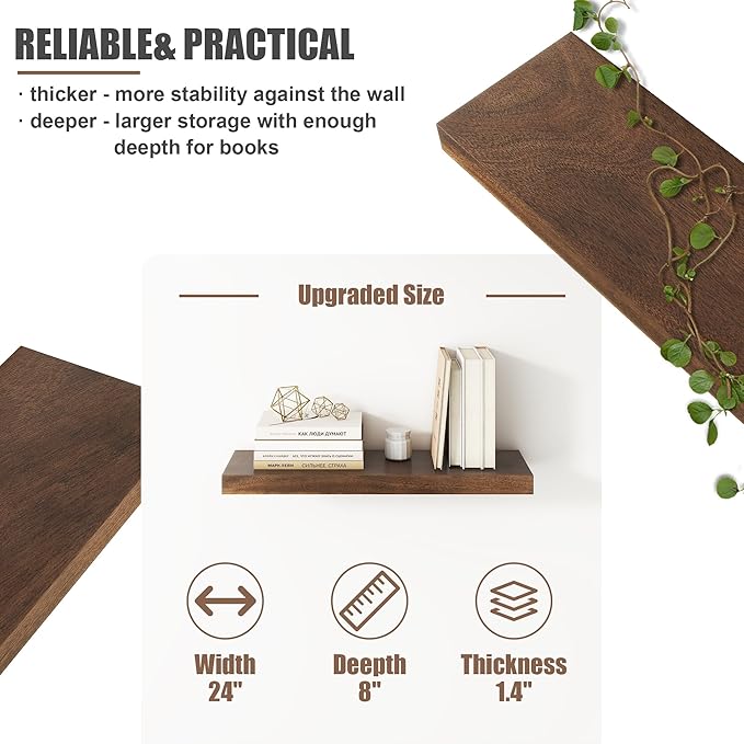 Floating Shelves for Wall, USA-Sourced Walnut Wood 24 Inch Wall Shelves Set of 2, Natural Wooden Wall Mounted Picture Ledge Shelf, Nursery Book Storage Shelf Kids Bookshelf, Display Shelf for Bathroom-Ruum Studio Home