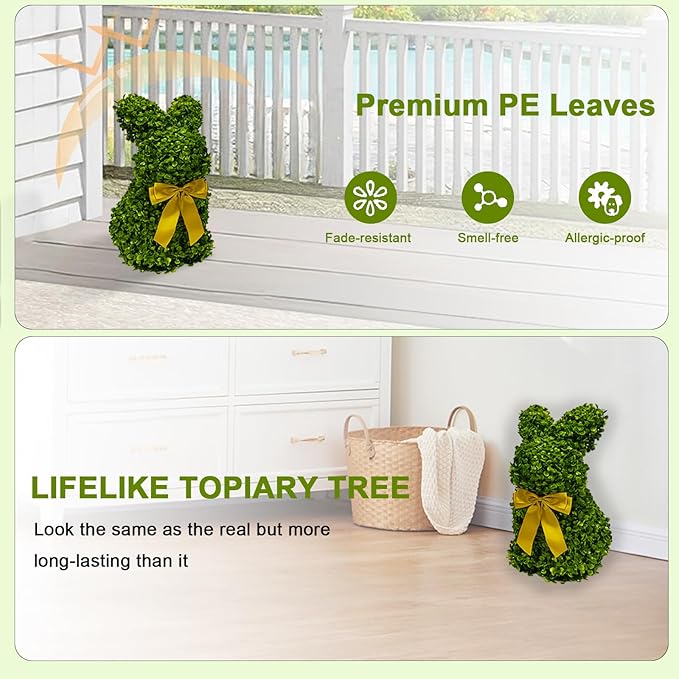 2 Pcs Artificial Bunny Shaped Topiary Trees, Artificial Green Boxwood Bunny Decorations with Gold Bow, Perfect for Indoor & Outdoor Front Porch, Easter& Garden Decor (Bunny Tree Without Base)-Ruum Studio Home