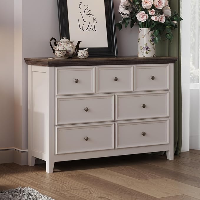 BLANKSPACE 7 Drawer Dresser, Modern Farmhouse Dresser Chest of Drawer for Bedroom, Chest of Drawers Storage Cabinet for Living Room, Entryway, Hallway, Antique White-Ruum Studio Home