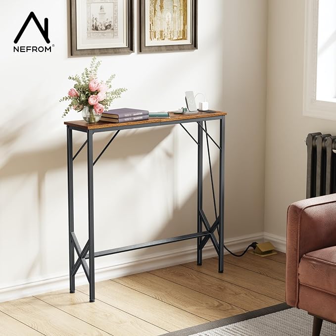 31.5‘’ Console Table, Skinny Entryway Table with Fast-Charging Station, Narrow Long Sofa Table, Behind Slim Couch Table for Entrance, Hallway, Living Room Decor ST-BR80-1-Ruum Studio Home