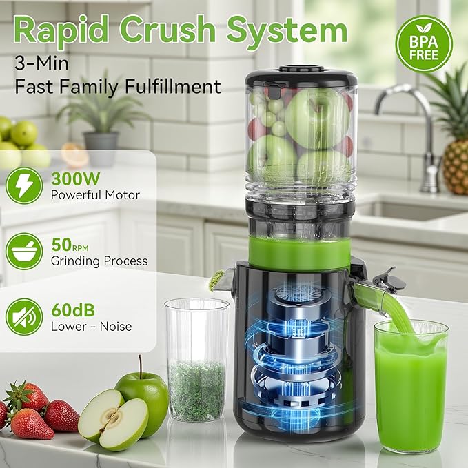 Cold Press Juicer - 5.3" Large Feed Chute Juicer Machines for Whole Vegetables & Fruits, 99% High Juice Yield, Quiet & Easy to Clean Slow Masticating Juicer, BPA-Free, Preserves More Nutrients (Black)-Ruum Studio Home