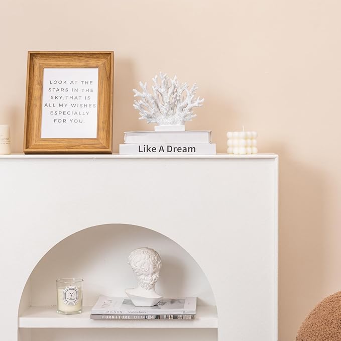 5.8" H White Coral Decor, Resin Coral Statue, Nautical Decorations for Home, Bedroom, Bathroom, Living Room, Beach/Coastal/Ocean Themed Cabinet Shelf Tabletop Decor-Ruum Studio Home