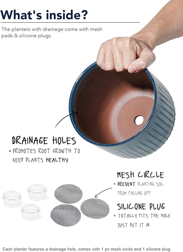 LE TAUCI Fluted Ceramic Planters Set of 3 – 8.3/7 / 5.7 in Ocean Blue Reactive Cylinder Indoor Plant Pots with Drainage Plug & Mesh, Glossy Stoneware Flower Pots for Succulents Herbs-Ruum Studio Home