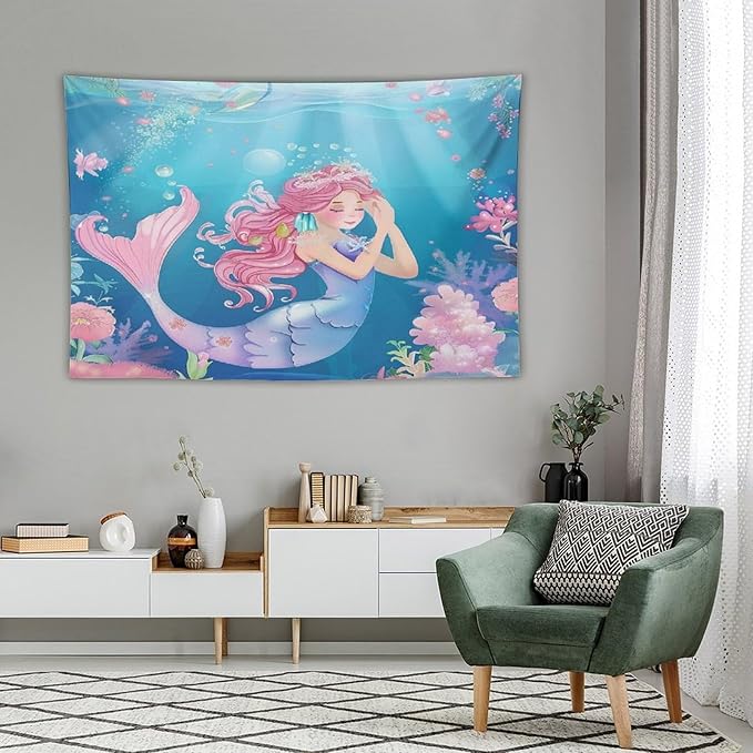 HZOHNAGO Mermaid Girls Tapestry Watercolor Flowers Mermaid Princess Blessing Pattern for Kids Room Decoration Printed Wall Tapestry Wall Hanging for Bedroom Living Room Dorm 60" W x 40" H-Ruum Studio Home
