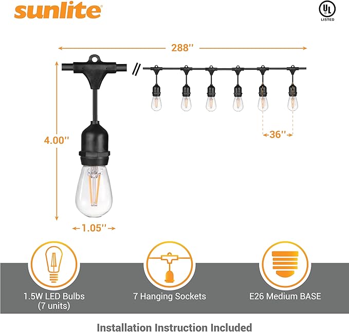 Sunlite 80571 24ft Outdoor String Lights, 1.5W Commercial Grade, Waterproof, Linkable Strands, UL Listed, 7 Hanging Sockets, Shatterproof LED Edison Bulbs Included, 2700K Warm White-Ruum Studio Home