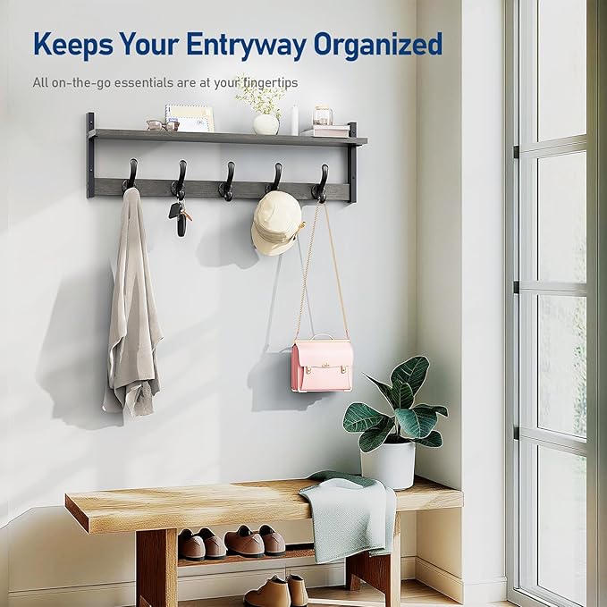 Tatub 29" Rustic Coat Rack Wall Mount with Shelf, Entryway Wall Hooks with Shelf, Coat Hangers for Bathroom, Living Room, Bedroom, Dark Grey-Ruum Studio Home