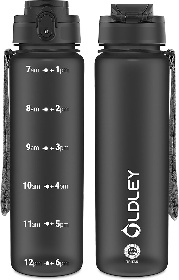 OLDLEY 32 oz Water Bottle, Motivational Water Bottle with Time Marker, Sports Water Bottle With Strap, Leakproof & BPA Free Large Water Bottles for School, Gym, Travel, Outdoor, Tritan,Black-Ruum Studio Home