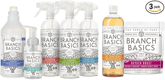 Branch Basics Premium Starter Kit: All Purpose, Glass, and Bathroom Cleaner plus our Foaming Wash, and Laundry Bottle (3 Plastic Spray Bottles + Concentrate) Fragrance-Free-Ruum Studio Home