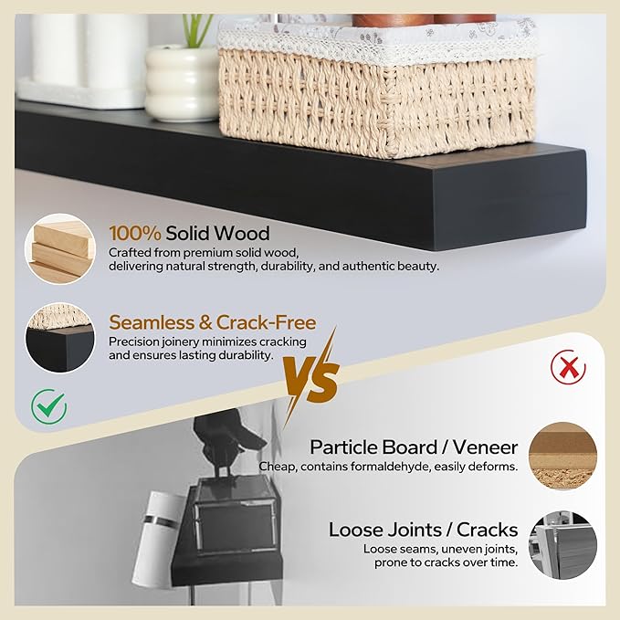 Floating Shelves 3 inch Thick for Wall Set of 2,Solid Pine Wood Wall Mount Shelf for Kitchen Living Room Bedroom Bathroom,8" D x 60" L x 3" H-Black-Ruum Studio Home