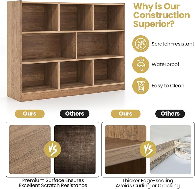 Tangkula 8-Cube Bookcase, Wood 3 Tier Open Storage Bookshelf, Modern Multipurpose Display Cabinet for Living Room, Study, Reading Nook, 48 x 12.5 x 36.5 Inch, Natural-Ruum Studio Home