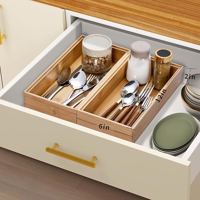 Bamboo Drawer Organizer, 2PCS Stackable Storage Boxes for Utensil Organizer, Wood Tray for kitchen, Bathroom and Bedroom 12" x 6" x 2"-Ruum Studio Home