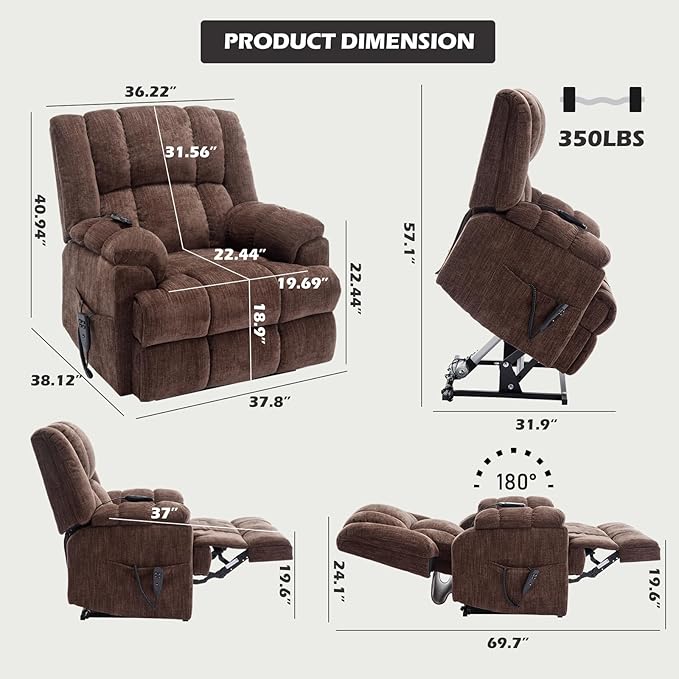 Dual Motor Power Lift Recliner Chair with Massage and Heat for Elderly People, Infinite Position, Brown Recliner Chair, Chenille Fabric Lift Chair-Ruum Studio Home