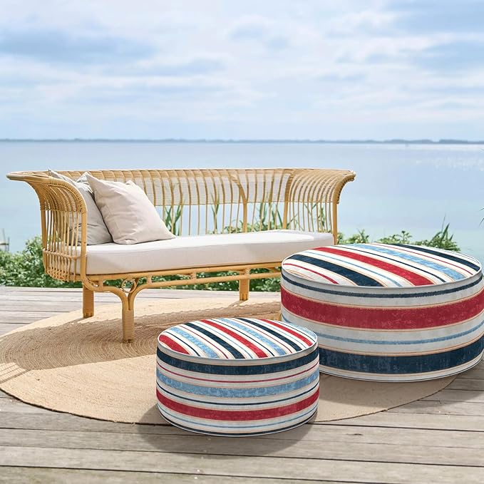 Inflatable Ottoman Stool D31 xH14 for Outdoor/Indoor Use, Water Repellent Patio Foot Rest Stool with Portable Handle,Round Pouf Ottoman Suitable for Garden,Deck and Camping - Stripe Red Blue-Ruum Studio Home