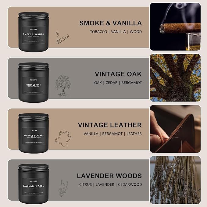 Scented Candles Set | Men Candle Set, Scented Candles for Home, Gifts for Men Aromatherapy Gift Set - 4 Pack Manly Gifts for Dad Fathers Day, Soy Candle of Leather/Smoke & Vanilla/Oak/Lavender-Ruum Studio Home
