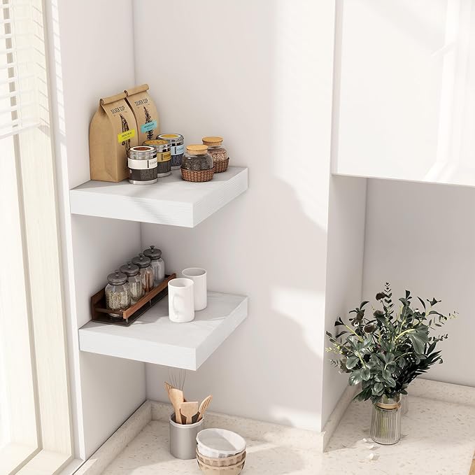 Fun Memories 12 Inch Floating Shelf, Rustic Wood Wall Shelves for Wall Decor & Storage, 12 x 12 Floating Shelf for Living Room, Bathroom, Bedroom, White, Set of 2-Ruum Studio Home