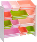 Amazon Basics Kids Toy Storage Organizer With 12 Plastic Bins, White Wood With Pink Bins, 10.9" D x 33.6" W x 31.1" H-Ruum Studio Home