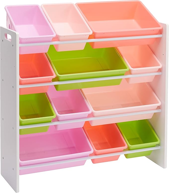 Amazon Basics Kids Toy Storage Organizer With 12 Plastic Bins, White Wood With Pink Bins, 10.9" D x 33.6" W x 31.1" H-Ruum Studio Home