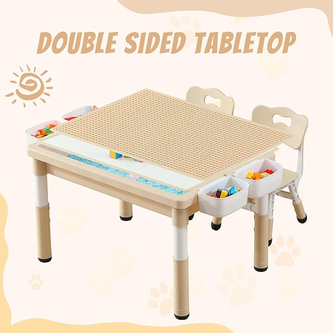 Multi Functional Kids Table and 2 Chairs Set, Graffiti & Building Blocks Double-Sided Tabletop, Toddler Play Table with Drawers, Large Storage Space, Gift for Boys/Girls, Burlywood-Ruum Studio Home