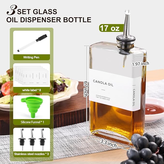 Olive Oil Dispenser Bottle for Kitchen, 3 Pack Glass Oil and Vinegar Dispenser Set, Elegant Book Design, Durable, Leak-Proof, Easy-Pour Spouts, Perfect for Kitchen, Dining Table (17oz)-Ruum Studio Home